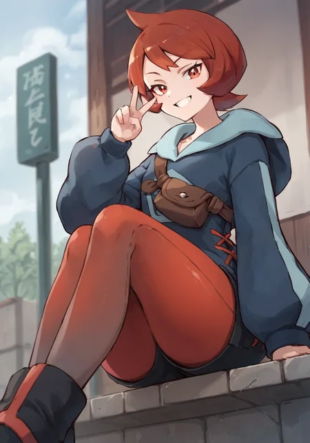 score_8_up, score_7_up, score_6_up, score_5_up, score_4_up, anime screenshot
<lora:Arezu (Autism SDXL)-000009:0.8> 1girl, solo, arezu_(pokemon), short_hair, red_hair, red_eyes, cowlick
upper body, looking at viewer, sitting, sidewalk, diamond clan outfit, blue hoodie, black shorts, red pantyhose, grin, v