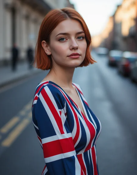 Half body shot of a woman with red hair in a bob, with a relaxed yet poised expression. She's dressed elegantly in a union jack dress, stood in a street