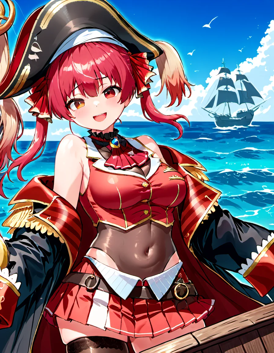 <lora:Houshou_Marine:1> houshou marine, solo, heterochromia, pirate hat, twintails, skirt, black thighhighs, large breasts, blush, smile, looking at viewer, open mouth, covered navel, long hair, red pleated skirt, pirate ship at sea, red ascot, off shoulder, see-through leotard, black coat, bare shoulders, black headwear, bicorne, thighs, see-through, miniskirt, ribbon, jacket, pirate, belt, :d, hair ribbon
