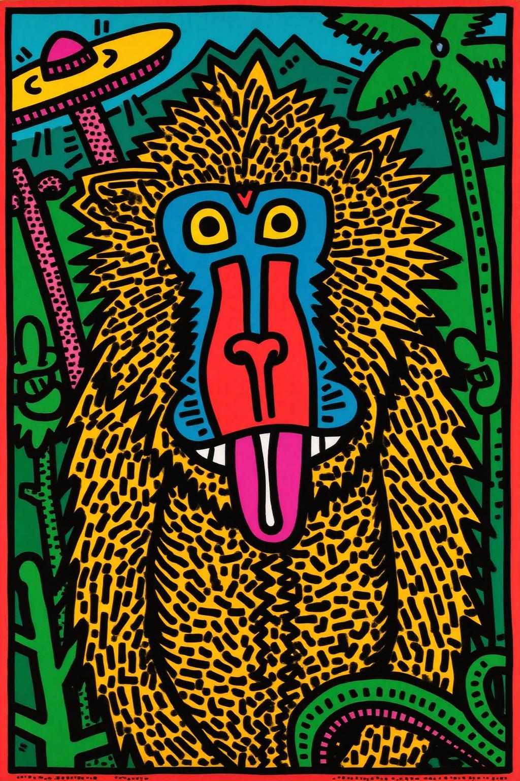 keithharing1 pop art illustration.
 a mandrill, a type of monkey, rendered in a vibrant, expressive style. The mandrill is depicted in a lush, tropical setting, with the background suggesting dense foliage and a hint of a distant mountain range. The monkey's face is the central focus, showcasing its distinctive features: a bright red face with blue and white facial markings, particularly prominent blue around the eyes and a white stripe down the nose. 
 <lora:keithharing1_cap_d6a3:1.0><lora:834311961765381090:0>