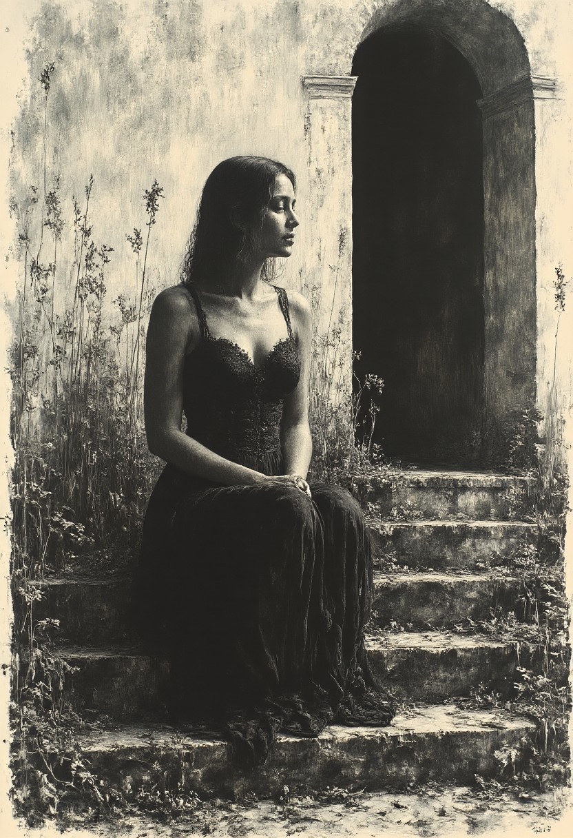 hand drawn black and white monochromatic illustration of a young woman sitting on the steps of her garden, dying plants around her, she is sad and looks away from the viewer, she wears black lace lingerie with corset and thigh high lace stockings