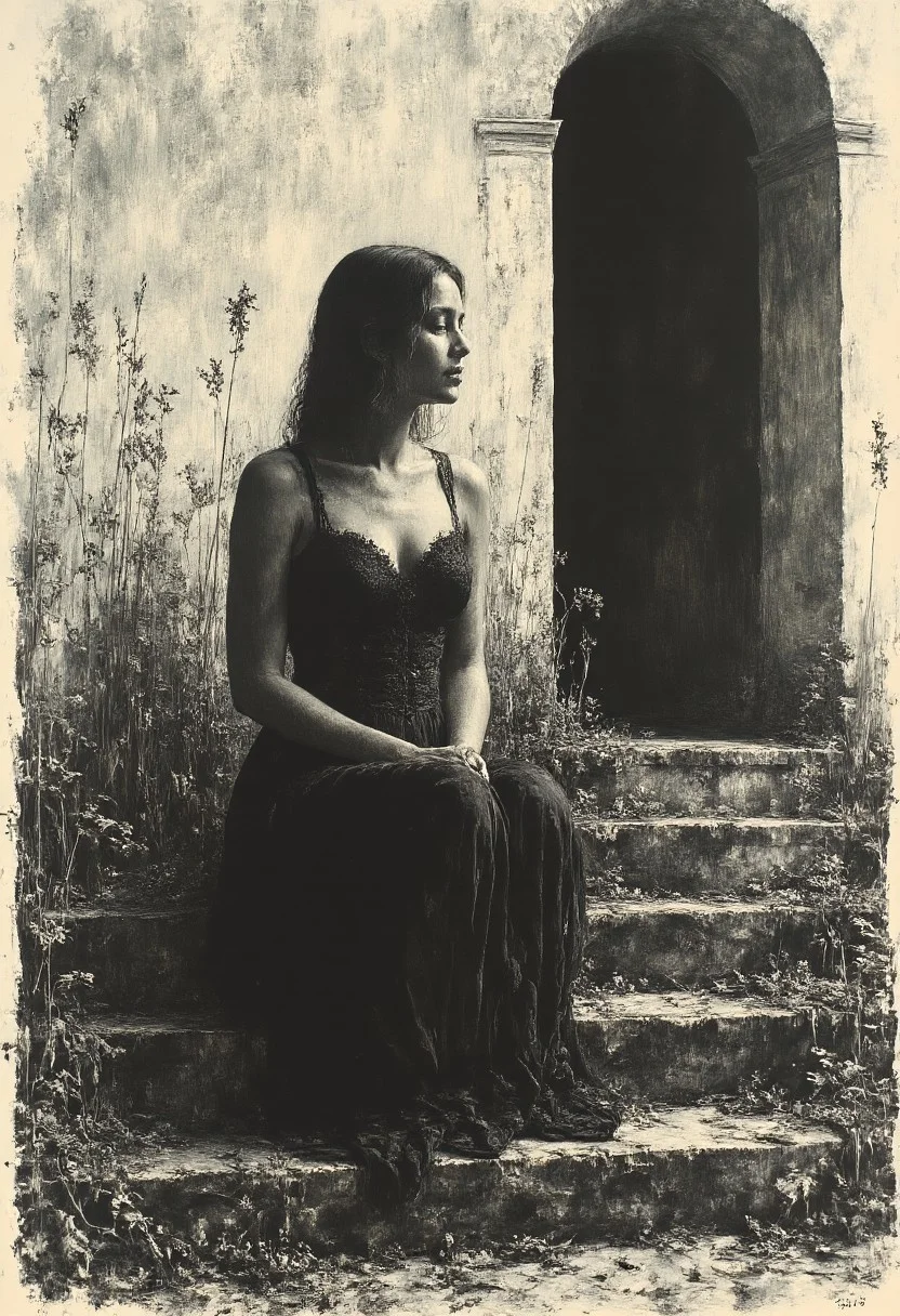 hand drawn black and white monochromatic illustration of a young woman sitting on the steps of her garden, dying plants around her, she is sad and looks away from the viewer, she wears black lace lingerie with corset and thigh high lace stockings