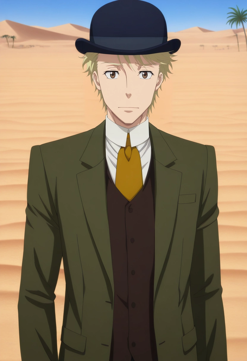 masterpiece, best quality, intricate details, anime screencap, , official style, looking at viewer, 1boy, solo, male focus, <lora:john_h_watson_ilxl:0.96>, john_h_watson, blonde hair, brown eyes, short hair, hat, formal, necktie, suit, desert oasis, palm trees, clear pool, sand dunes, drinking water, relieved expression, midday,