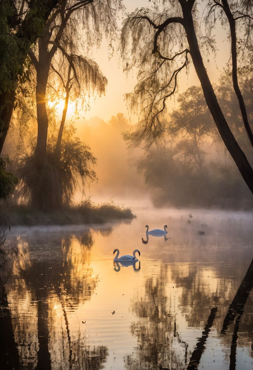During the enchanting golden hour, swans elegantly navigate the calm waters of the lake, their graceful movements mirrored in the glassy surface. The soft golden light, captured with a Canon camera and 50mm lens, adds a cinematic quality to this timeless scene, framed by the ethereal mist and the delicate blooms of Blue Jacaranda trees,ducks in the lake, mist, golden hour light falling on trees, morning, mist on the river, golden hour sunset, natural photography, nat geo magazine cover. vintage shot. sunrays reflecting off lake, foggy landscape, depth of field.