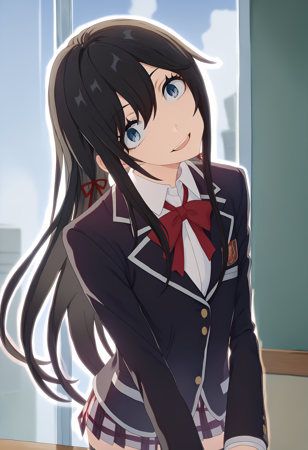 score_9, score_8_up, score_7_up, source_anime,
BREAK
<lora:shiTingNeckV3:1>, shineck, head tilt, 
open mouth, smile, looking at viewer, teeth, 
<lora:shiYukinoV2:1> shiyukino, black hair, long hair, blue eyes, hair ribbon, red ribbon, neck ribbon, school uniform, black jacket, collared shirt, white shirt, blazer, sobu high school uniform, pleated skirt, plaid skirt, thighhighs, 
indoors, school,