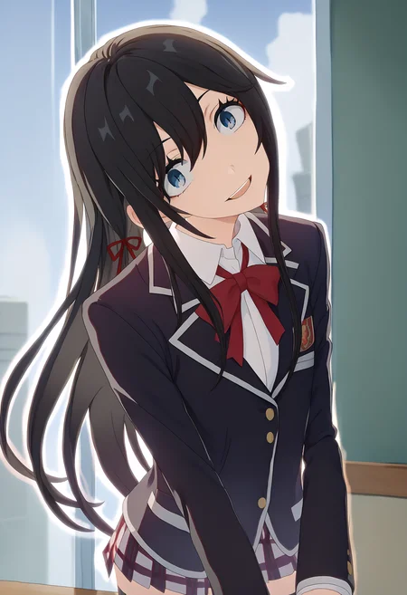 score_9, score_8_up, score_7_up, source_anime,
BREAK
<lora:shiTingNeckV3:1>, shineck, head tilt,
open mouth, smile, looking at viewer, teeth,
<lora:shiYukinoV2:1> shiyukino, black hair, long hair, blue eyes, hair ribbon, red ribbon, neck ribbon, school uniform, black jacket, collared shirt, white shirt, blazer, sobu high school uniform, pleated skirt, plaid skirt, thighhighs,
indoors, school,
