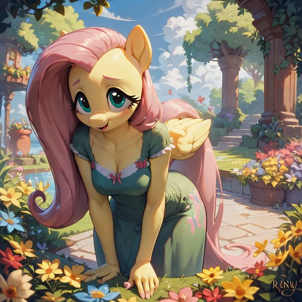 score_9, score_8_up, score_8, Fluttershy \(mlp\), pony anthro, summer dress, in the garden, flowers, wide hips. bending over planting flowers