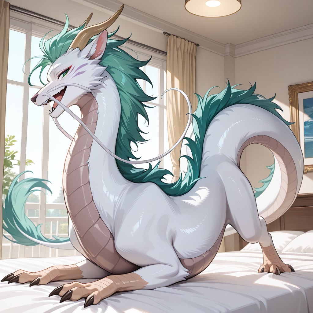 1boy, highres, absurdres, newest, masterpiece, best quality, furry, furry_male, haku_sa, eastern dragon, white fur, white underbelly, green mane, horns, tail, claws, long white whisker, green eyes, (feral, quadruped:1.1), detailed eyes, on_bed, on_stomach, open_mouth, open mouth smile, luxurious detailed room, bright room, day scene, professional lighting, white bed, solo, bedroom, smiling, seductive, looking_at_viewer, masterpiece, close up, safe