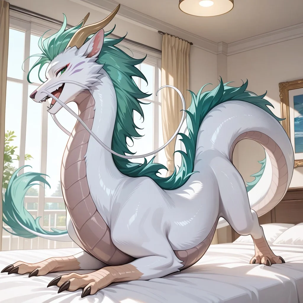 1boy, highres, absurdres, newest, masterpiece, best quality, furry, furry_male, haku_sa, eastern dragon, white fur, white underbelly, green mane, horns, tail, claws, long white whisker, green eyes, (feral, quadruped:1.1), detailed eyes, on_bed, on_stomach, open_mouth, open mouth smile, luxurious detailed room, bright room, day scene, professional lighting, white bed, solo, bedroom, smiling, seductive, looking_at_viewer, masterpiece, close up, safe