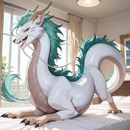 1boy, highres, absurdres, newest, masterpiece, best quality, furry, furry_male, haku_sa, eastern dragon, white fur, white underbelly, green mane, horns, tail, claws, long white whisker, green eyes, (feral, quadruped:1.1), detailed eyes, on_bed, on_stomach, open_mouth, open mouth smile, luxurious detailed room, bright room, day scene, professional lighting, white bed, solo, bedroom, smiling, seductive, looking_at_viewer, masterpiece, close up, safe