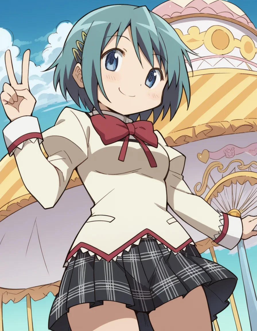 score_9, score_8_up, score_7_up, source_anime, <lora:sayaka-miki-s1-ponyxl-lora-nochekaiser:1>, sayaka miki, short hair, blue eyes, hair ornament, blue hair, hairclip, medium breasts,, skirt, school uniform, mitakihara school uniform, puffy sleeves, plaid skirt, pleated skirt, bowtie, red bowtie, carousel, horses, ride, music, fun, smile, v, v over mouth, smug,, looking at viewer, solo,, dutch angle, cowboy shot