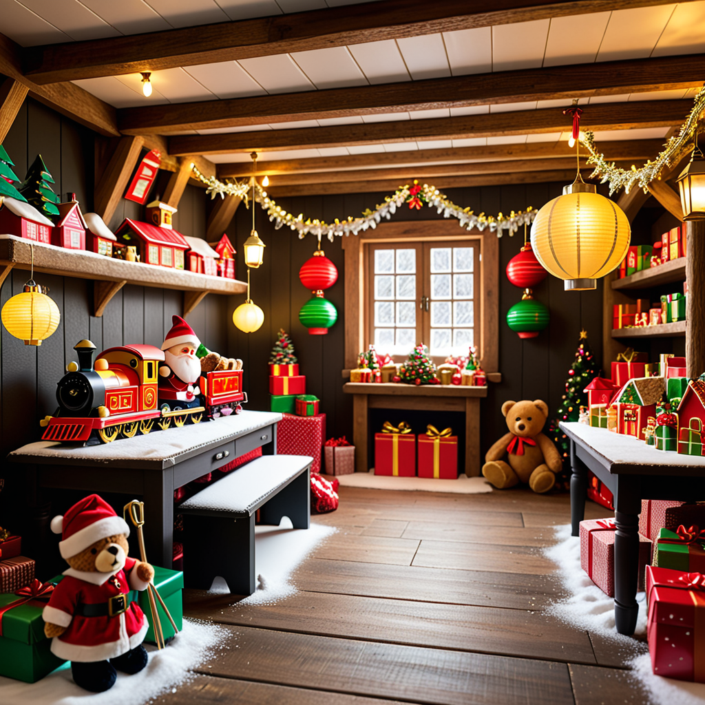 A warm, inviting photograph of Santa Claus's workshop, completely empty yet brimming with festive energy. The room is illuminated by soft golden light from lanterns hanging from wooden beams and a crackling fireplace in the corner. Wooden tables are scattered with tools, paints, and half-assembled toys, including a bright red train, a teddy bear, and colorful wooden blocks. Shelves along the walls overflow with vibrant gift boxes, plush toys, and neatly stacked wrapping paper rolls. The floor is dusted with wood shavings and glitter, adding a sense of activity left behind. Snow-covered windows reveal a faint winter landscape outside, with icicles hanging from the edges. A large chalkboard on one wall lists "Nice & Naughty" names in festive handwriting. The air feels magical, as though the elves just stepped out for a break, leaving the workshop frozen in a perfect holiday moment.<lora:SDXLFaeTastic2400:0.4> <lora:extremely_detailed:0.4> extremely detailed,, Masterpiece,best quality,hi res,8k,hi res,8k,award winning,(sharp focus, intricate, highly detailed),