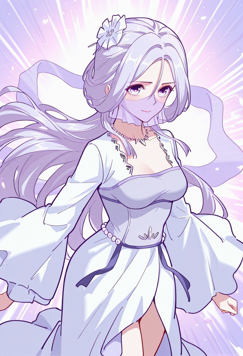 Chu_Qingcheng_IL, 1girl, long purple hair, wavy hair, Soft wavy strands, hair ornament, parted bangs, purple eyes, hair between eyes, necklace, medium breasts, face veil, soft light purple veil, elegant outfit, white dress, layered dress, pearl accents, high slit dress, wide sleeves, flowy fabric, ornamental belt, waist gems, floral chest design, happy, shy