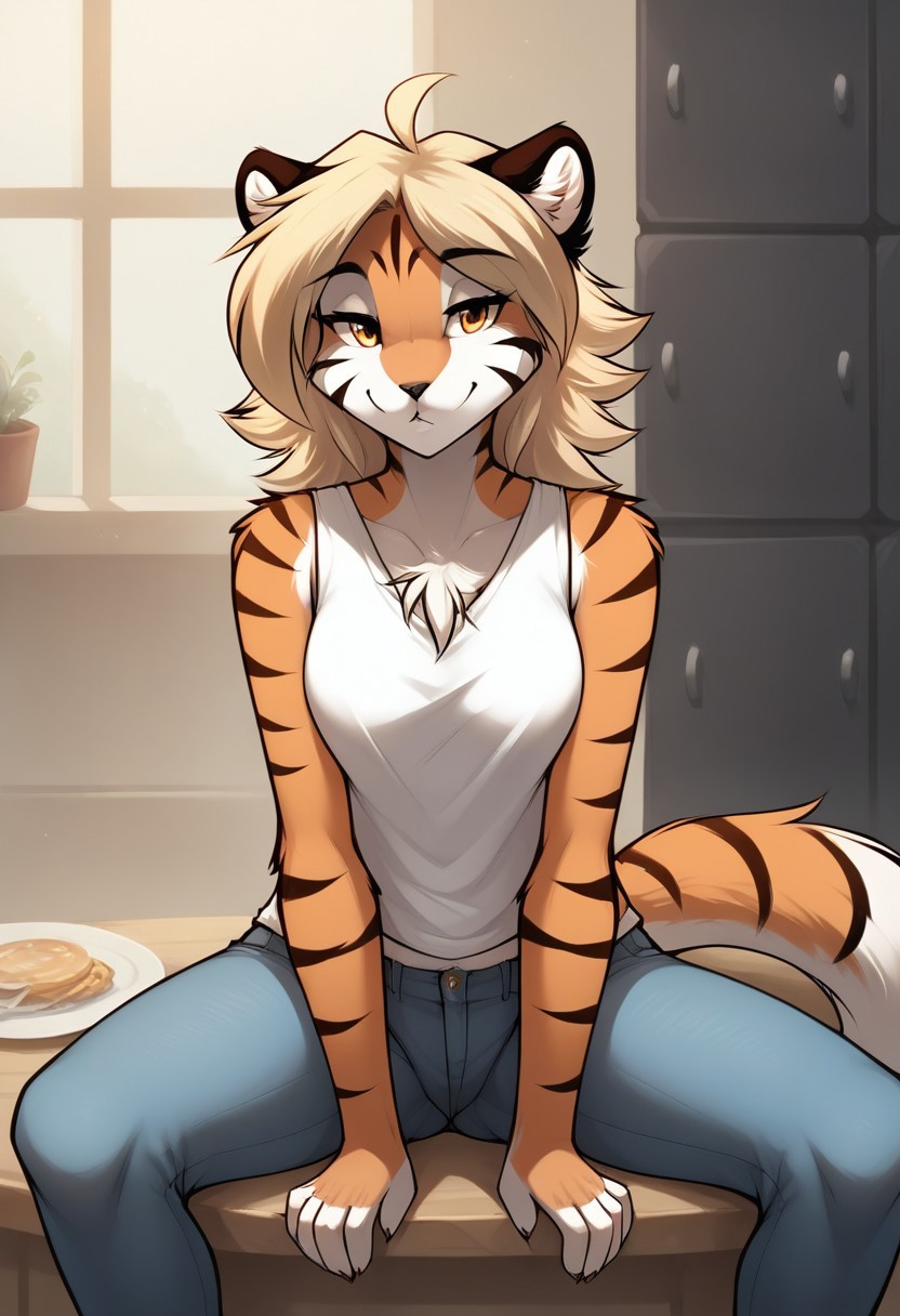score_9, score_8_up, score_7_up, score_6_up,source_furry, rating_explicit, solo, solo focus, female, 1girl, medium breasts, sitting on the table, spread legs, beautiful, american jeans, black short sleeveless T-shirt, lewd expression, looking at viewer, fluffy tail, kitchen, detailed background, ivy-twokinds, detailed, perfect fingers, five fingers, detailed, high quality, 4K, front view, front side, hands between legs, striped fur