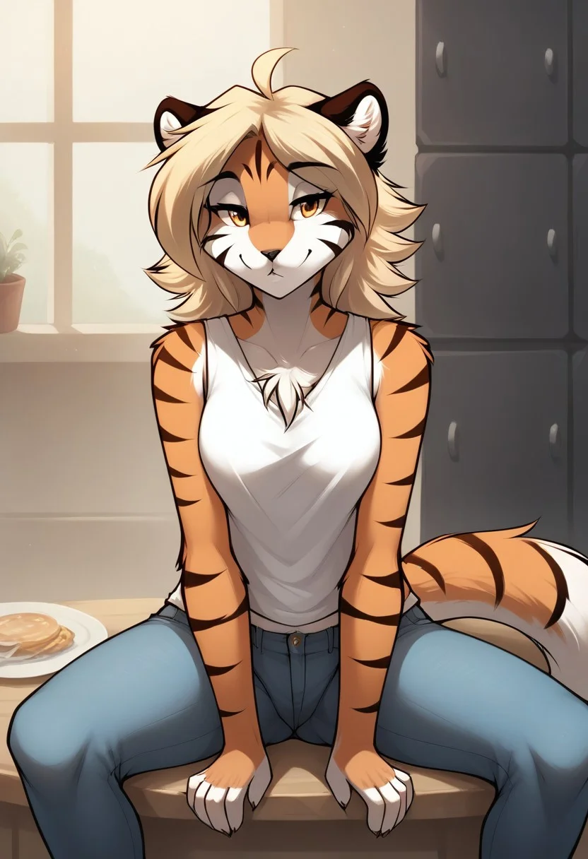 score_9, score_8_up, score_7_up, score_6_up,source_furry, rating_explicit, solo, solo focus, female, 1girl, medium breasts, sitting on the table, spread legs, beautiful, american jeans, black short sleeveless T-shirt, lewd expression, looking at viewer, fluffy tail, kitchen, detailed background, ivy-twokinds, detailed, perfect fingers, five fingers, detailed, high quality, 4K, front view, front side, hands between legs, striped fur