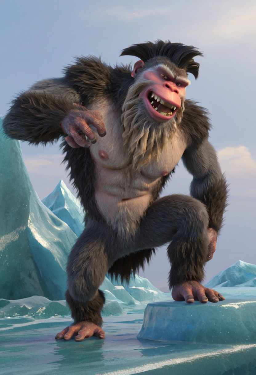 score_9, score_8_up, score_7, score_6_up, score_5,
on a floating iceberg, ice and ocean in the background, solo,
<lora:J_cartoon:0.6>
<lora:Top 2.5DCartoonV2:0.4>
 <lora:Furry_Lora_Gut_Ice_Age:0.4>
BREAK
 (captain_gut:1.5, Gigantopithecus, ape, great ape), roaring,claws, furry, male, brown eyes, furry body, two tone fur, dark gray fur, brown fur, dark grey pelt, bown pelt, black hair, pale skin,