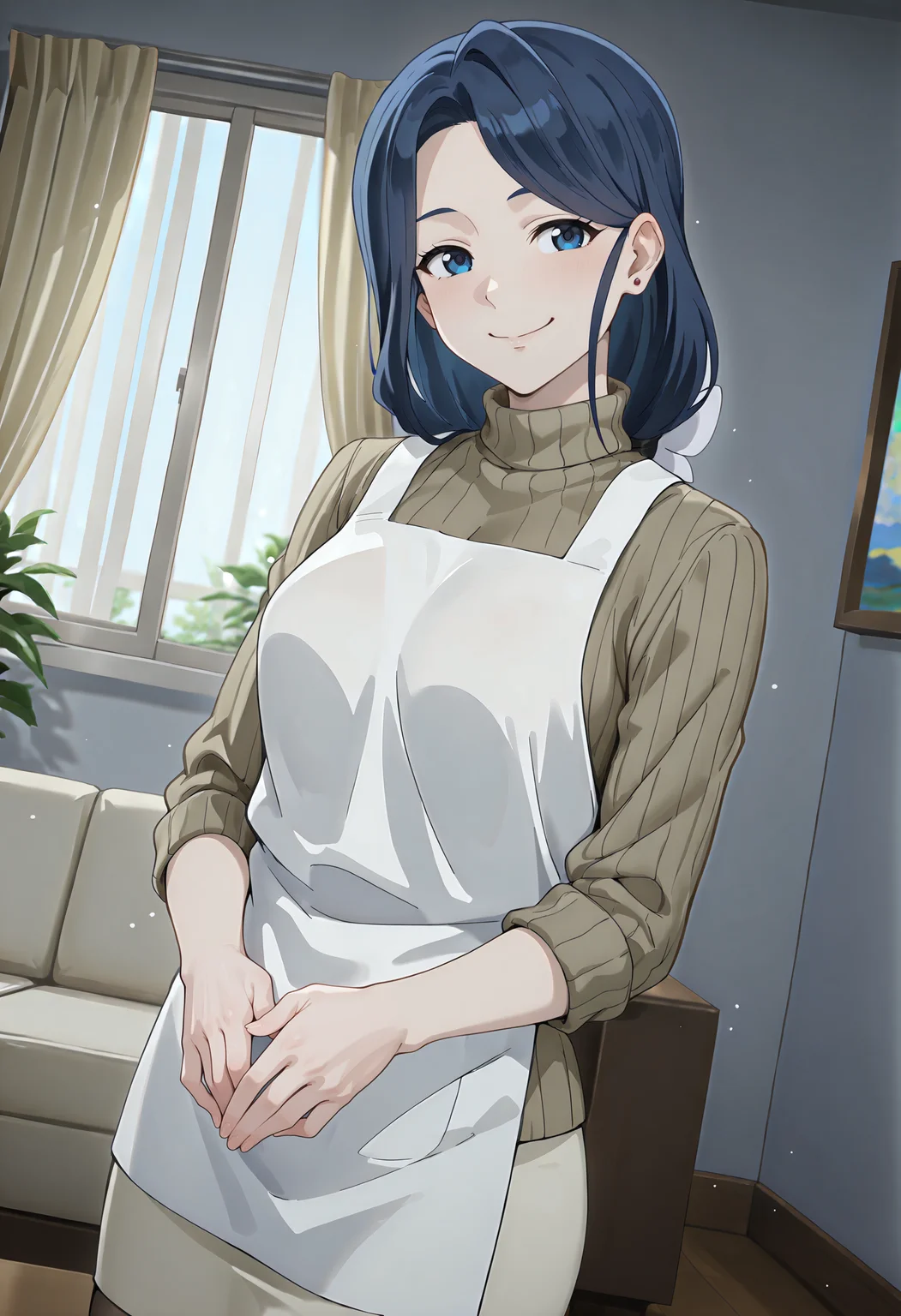 best quality, amazing quality, perfect quality, high quality, masterpiece, absolutely eye-catching BREAK
<lora:Shangri-La_Frontier_-_Eika_Hizutome:1> ShangriEika, blue eyes, blue hair, long hair, low ponytail, loosely tucked bangs, hair ribbon, stud earrings, medium breasts BREAK
green turtleneck sweater, white apron, white pencil skirt, pantyhose BREAK
indoors, living room, window, curtains, sunbeam, light particles, hands together, standing, looking at viewer, smile, head tilt, dutch angle, cowboy shot