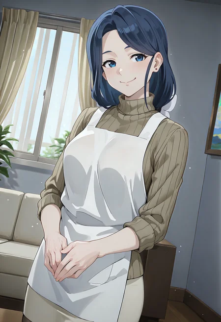 best quality, amazing quality, perfect quality, high quality, masterpiece, absolutely eye-catching BREAK
 <lora:Shangri-La_Frontier_-_Eika_Hizutome:1> ShangriEika, blue eyes, blue hair, long hair, low ponytail, loosely tucked bangs, hair ribbon, stud earrings, medium breasts BREAK
green turtleneck sweater, white apron, white pencil skirt, pantyhose BREAK
indoors, living room, window, curtains, sunbeam, light particles, hands together, standing, looking at viewer, smile, head tilt, dutch angle, cowboy shot