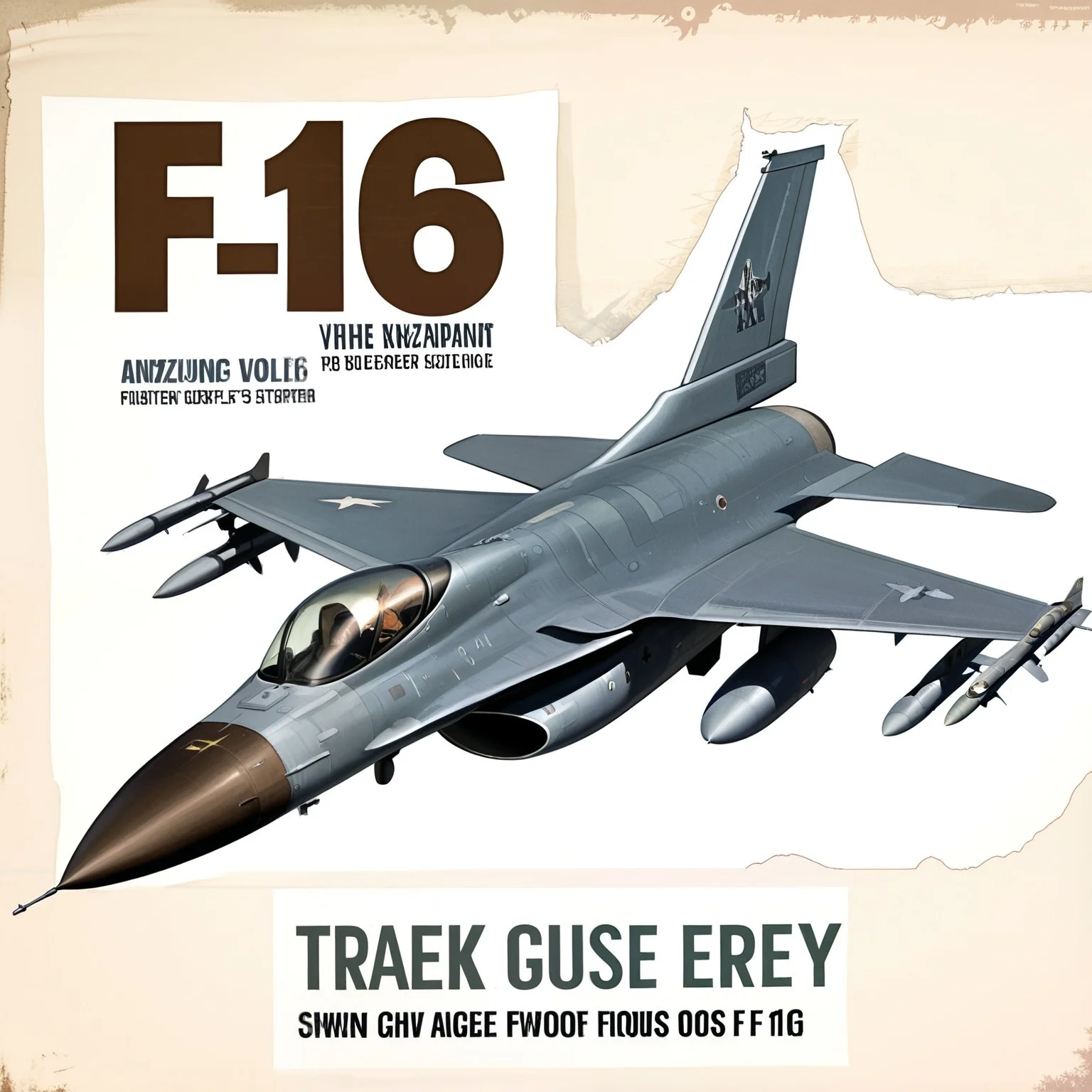 <lora:F-16_Illustrious:1> ,f-16, text, military poster, vintage design, stencil font, faded paper texture, brown tint, aircraft silhouette, aged look, retro, airplane, military theme, graphic design, masterpiece, best quality, amazing quality