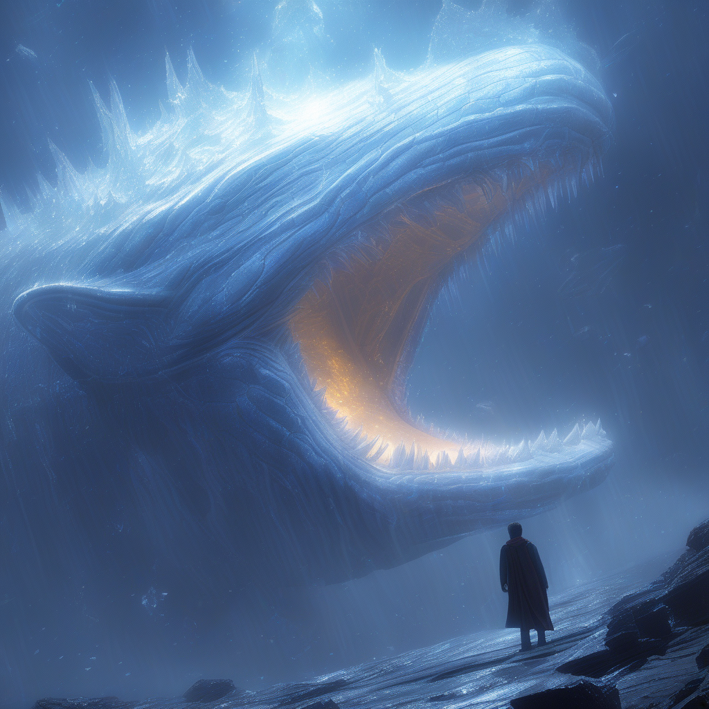 The Harbinger approached the Leviathan, his heart pounding with a mixture of anticipation and trepidation. He reached out to touch the cool, smooth surface of the crystal, and as he did so, the Zephyr's whispers reached a crescendo. The chamber resonated with a deep, sonorous hum, and the Leviathan's crystal skin began to glow with an even brighter light. The Harbinger knew that he had reached his destination, the first step on a journey that would test his courage and his mastery of time itself.,