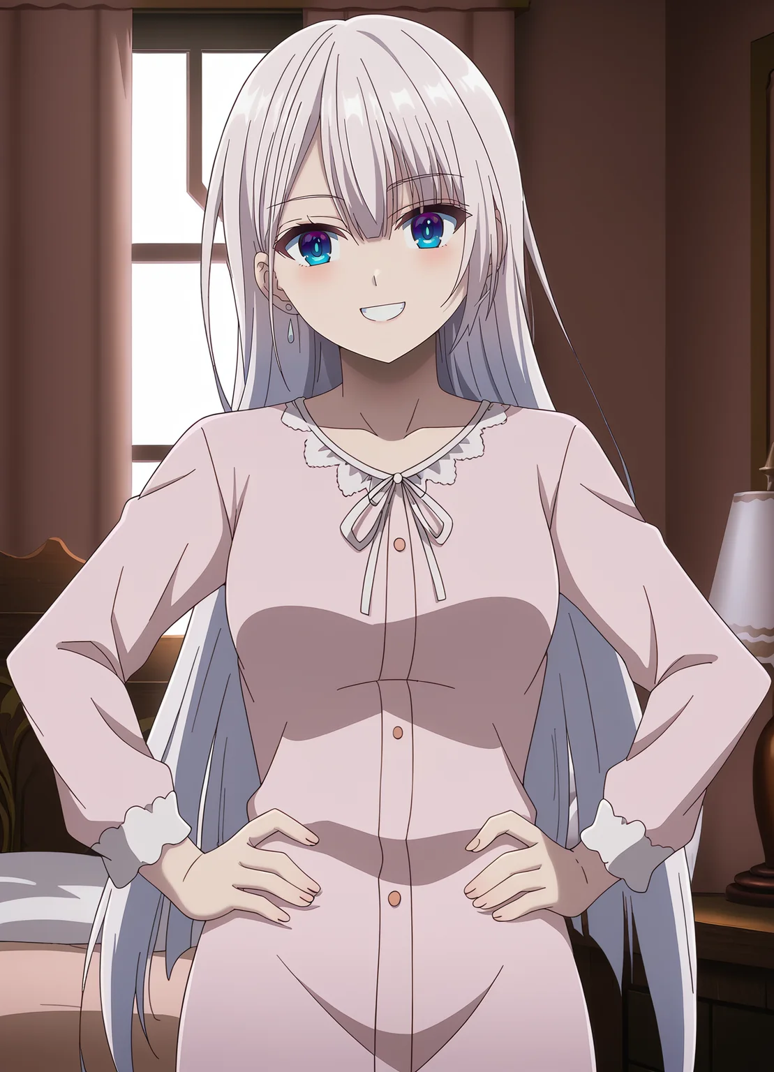 <lora:Riselia_Ray_Crystalia-Seiken_Gakuin_no_Makentsukai:1>,Riselia,1girl,solo,earrings,long hair,blue eyes,pink pajamas,cowboy shot, hands on own hips, smile,looking at viewer, bedroom