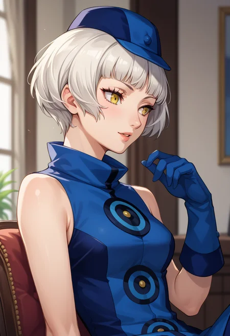 score_9, score_8_up, score_7_up, score_6_up, score_5_up, score_4_up, masterpiece, best quality, BREAK,
1girl, indoors,  <lora:Elizabeth_The_blue_velvet_girl_Pony:1> elizabethpony, short hair, yellow eyes, white hair female, hat, sleeveless, blue dress, bare shoulders, gloves,