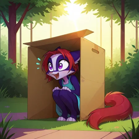 Dreamkeepers,Indi_and_Digo,1girl,solo,furry,tail,source_furry,,red hair,purple fur, purple eyes,
child, kid,
Hiding in a Cardboard Box in a Parkm cardboard_box, hiding, park, dress, sunlight, grass, trees, giggling, surprise , crouched in a cardboard box, dress peeking out, giggling in a sunlit park with grass and trees