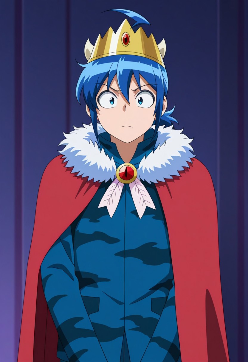 masterpiece,best quality,amazing quality, source_anime,
IrumaSuzuki, 1boy, male focus, solo, blue eyes, blue hair, ahoge, ponytail, crown, horns, jacket, camouflage jacket, blue jacket, brooch,  cape, red cape, fur trim,
indoor,