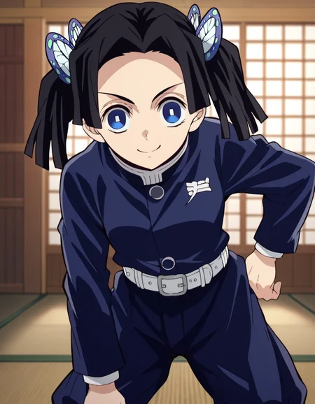 score_9, score_8_up, score_7_up, source_anime,
aoikanzaki, <lora:aoi-kanzaki-anime-ponyxl-lora-nochekaiser:1>,
aoi kanzaki, blue eyes, black hair, hair ornament, twintails, butterfly hair ornament,
long sleeves, belt, pants, blue jacket, white belt, demon slayer uniform, blue pants,
indoors, dojo, bent over, smile,
solo, looking at viewer, cowboy shot, dutch angle,