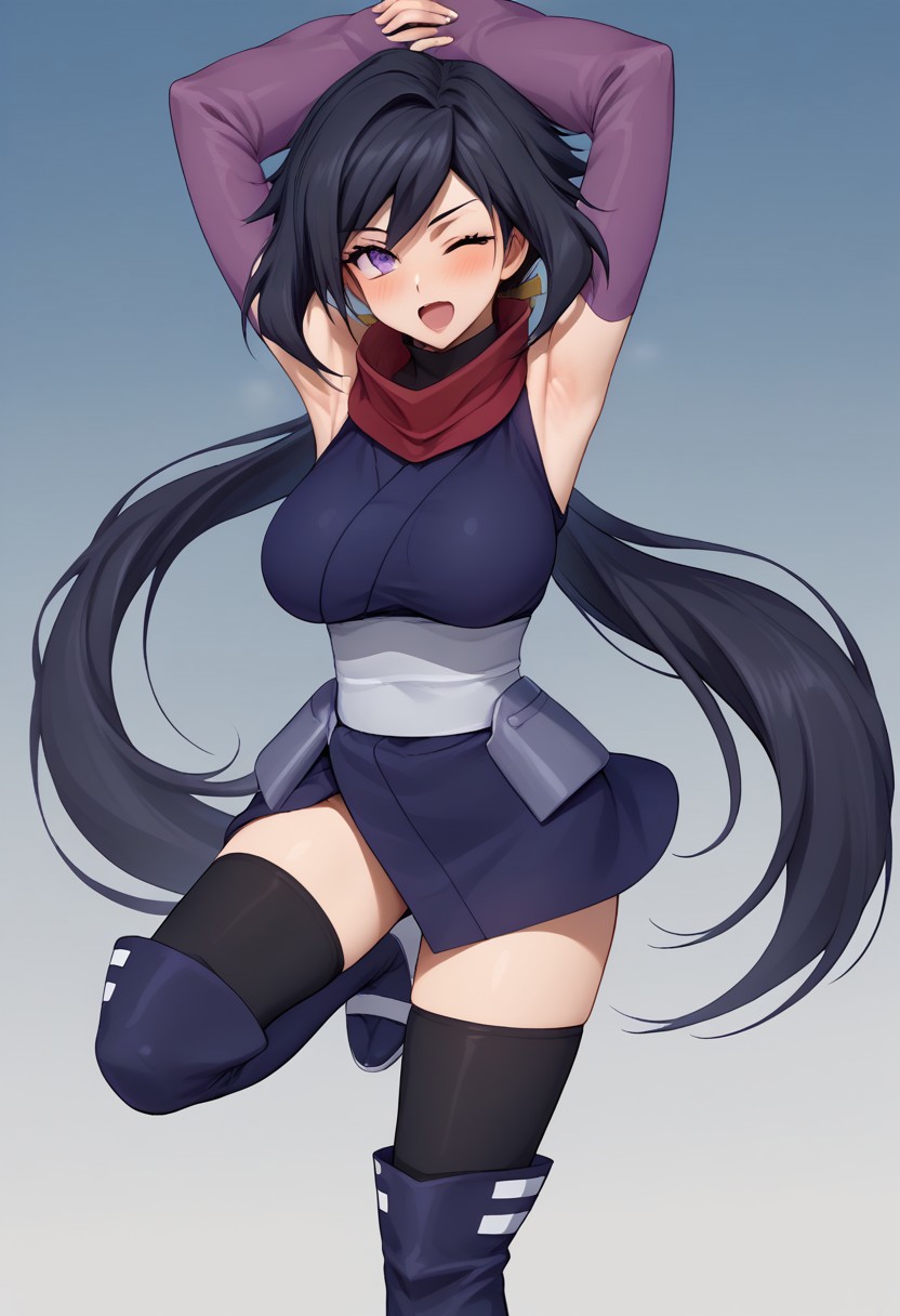 score_9, score_8_up, score_7_up, source_anime, good anatomy, detailed face, beautiful face, 11girl, solo, AyameGBD, black hair, long hair, split ponytail, ponytail, very long hair, purple eyes, bare shoulders, zettai ryouiki, ninja, dark blue kimono, white obi, black thighhighs, thighhighs under boots, dark blue kneeboots, white sandals, detached sleeves, elbow gloves, fingerless gloves, long purple gloves, no mask, unworn mask, red scarf, leaping down, one knee up, one leg up, mouth open, blushing, winking, fluttering kimono, kimono aside, arms over head