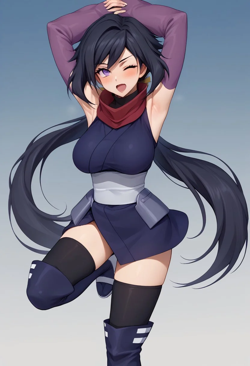 score_9, score_8_up, score_7_up, source_anime, good anatomy, detailed face, beautiful face, 11girl, solo, AyameGBD, black hair, long hair, split ponytail, ponytail, very long hair, purple eyes, bare shoulders, zettai ryouiki, ninja, dark blue kimono, white obi, black thighhighs, thighhighs under boots, dark blue kneeboots, white sandals, detached sleeves, elbow gloves, fingerless gloves, long purple gloves, no mask, unworn mask, red scarf, leaping down, one knee up, one leg up, mouth open, blushing, winking, fluttering kimono, kimono aside, arms over head