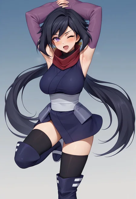 score_9, score_8_up, score_7_up, source_anime, good anatomy, detailed face, beautiful face, 11girl, solo, AyameGBD, black hair, long hair, split ponytail, ponytail, very long hair, purple eyes, bare shoulders, zettai ryouiki, ninja, dark blue kimono, white obi, black thighhighs, thighhighs under boots, dark blue kneeboots, white sandals, detached sleeves, elbow gloves, fingerless gloves, long purple gloves, no mask, unworn mask, red scarf, leaping down, one knee up, one leg up, mouth open, blushing, winking, fluttering kimono, kimono aside, arms over head