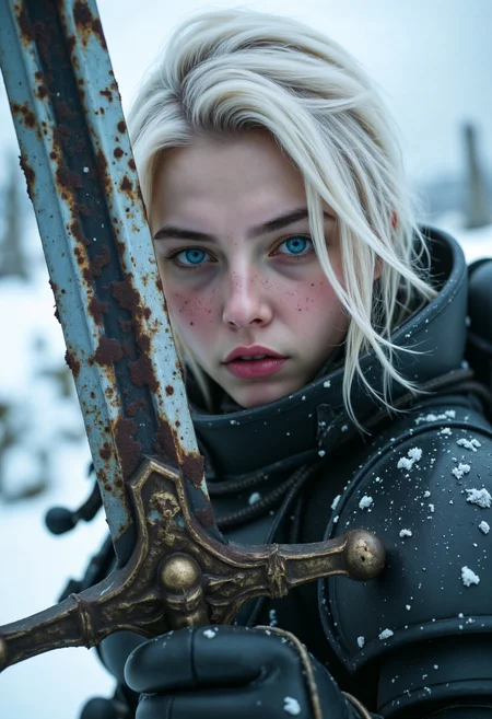 This is a high-resolution close up cinematic shot featuring SisB40K, a woman with pale skin, striking blue eyes, and messy white hair. She has freckles scattered across her cheeks and nose. SisB40K is gripping a rusty sword, and wearing SisB40K armor. positioned in a dynamic, action-oriented pose. The background is a snowy, icy landscape with blurred, jagged structures, suggesting a cold, harsh environment. The image is highly detailed, capturing textures of the snow and the ruggedness of the sword. face focus, eyes focus, hair flowing in the wind, snow particles <lora:FluxSisB40K:1>