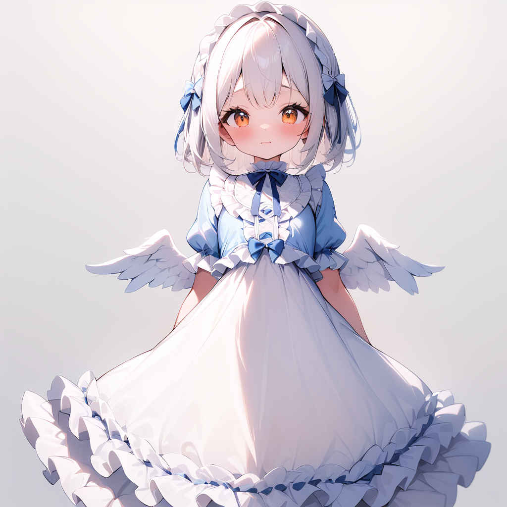 (masterpiece), (best quality), (ultra-detailed), very aesthetic, amazing quality, very aesthetic, absurdres,,questio,nable,1girl,solo,simple background,(tareme:1.2),baby face,angel,Hair accessories, white hair,ribbon-trimmed clothes,ribbon, lace, (Cute ruffle clothes:1.1), <lora:Soft_Looking_Anime_Girls:0.7>,long skirt,