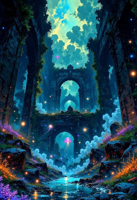 The Sunken Palace – Underwater Ruins & Bioluminescent Coral (Underwater & Enchanting)
"An ancient palace rests in the depths of an endless ocean, covered in glowing coral and spiraling seaweed. Massive bioluminescent jellyfish float gently through the sapphire waters, casting ethereal light on the sunken ruins. Schools of translucent fish weave through the towering pillars, while faint echoes of forgotten melodies drift through the water."