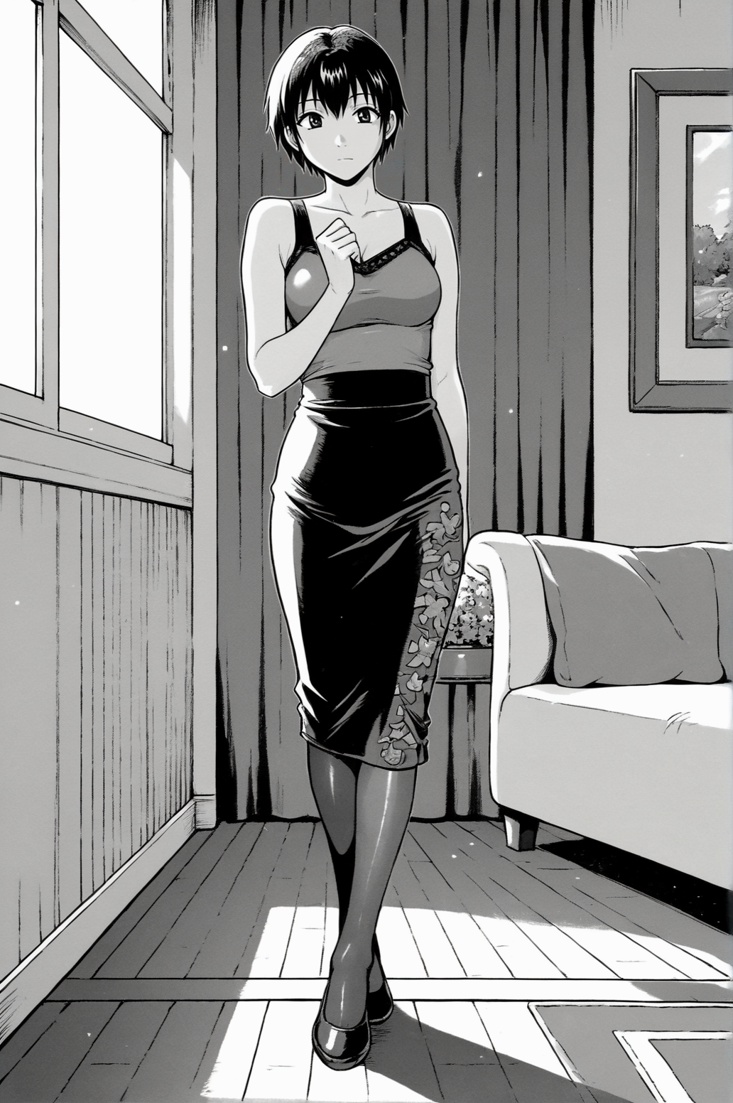 score_9, score_8_up, score_7_up, monochrome, manga_source, best background, detailed background, manga, grayscale  Kaguya, Dating Dressing, indoors, full body, <lora:JN_Shizuku_Kaguya:0.8>