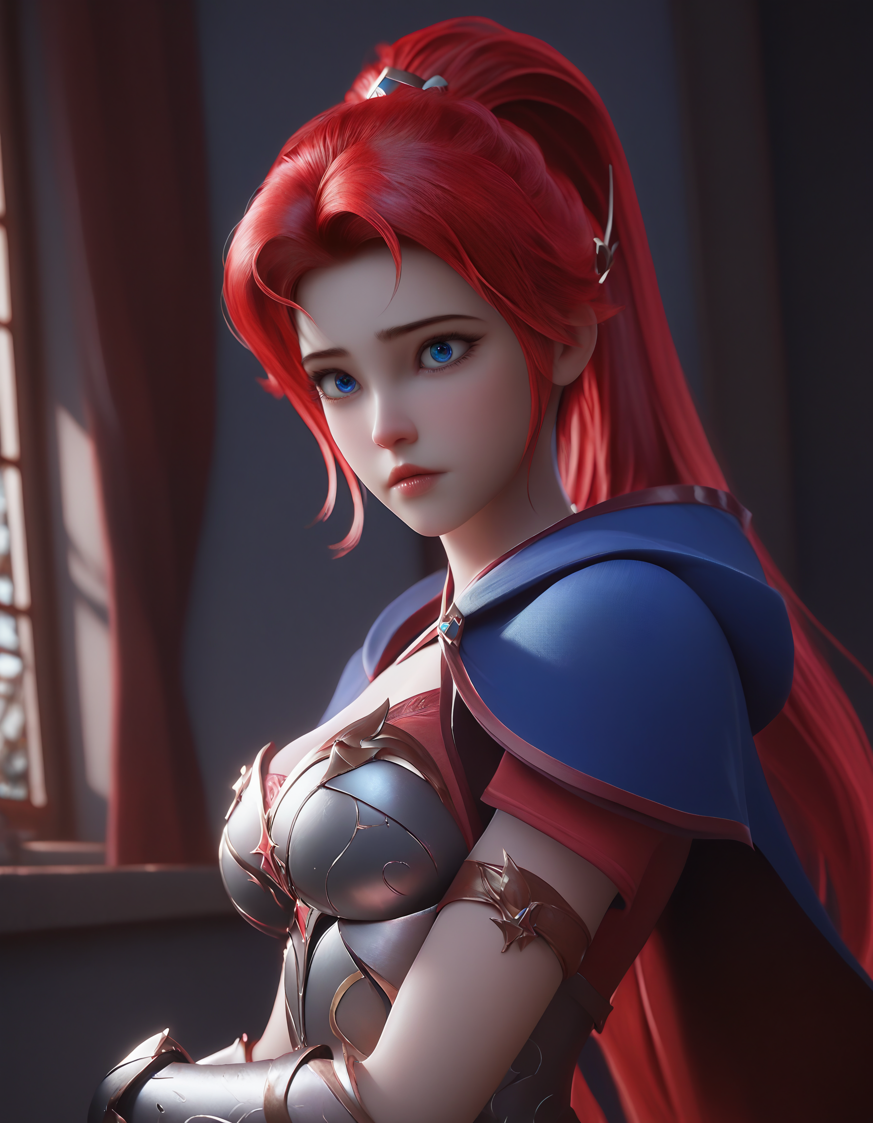 Masterpiece, best quality, score_9, score_8_up, score_7_up, 
photorealistic, cinematic, dutch_angle, 
li xin, 1girl, red hair, blue eyes, solo,  thighhighs, armored_dress, ponytail, breasts, long hair, hooded_cloak, dynamic_pose, dramatic lighting, contrast, holding_sword,
