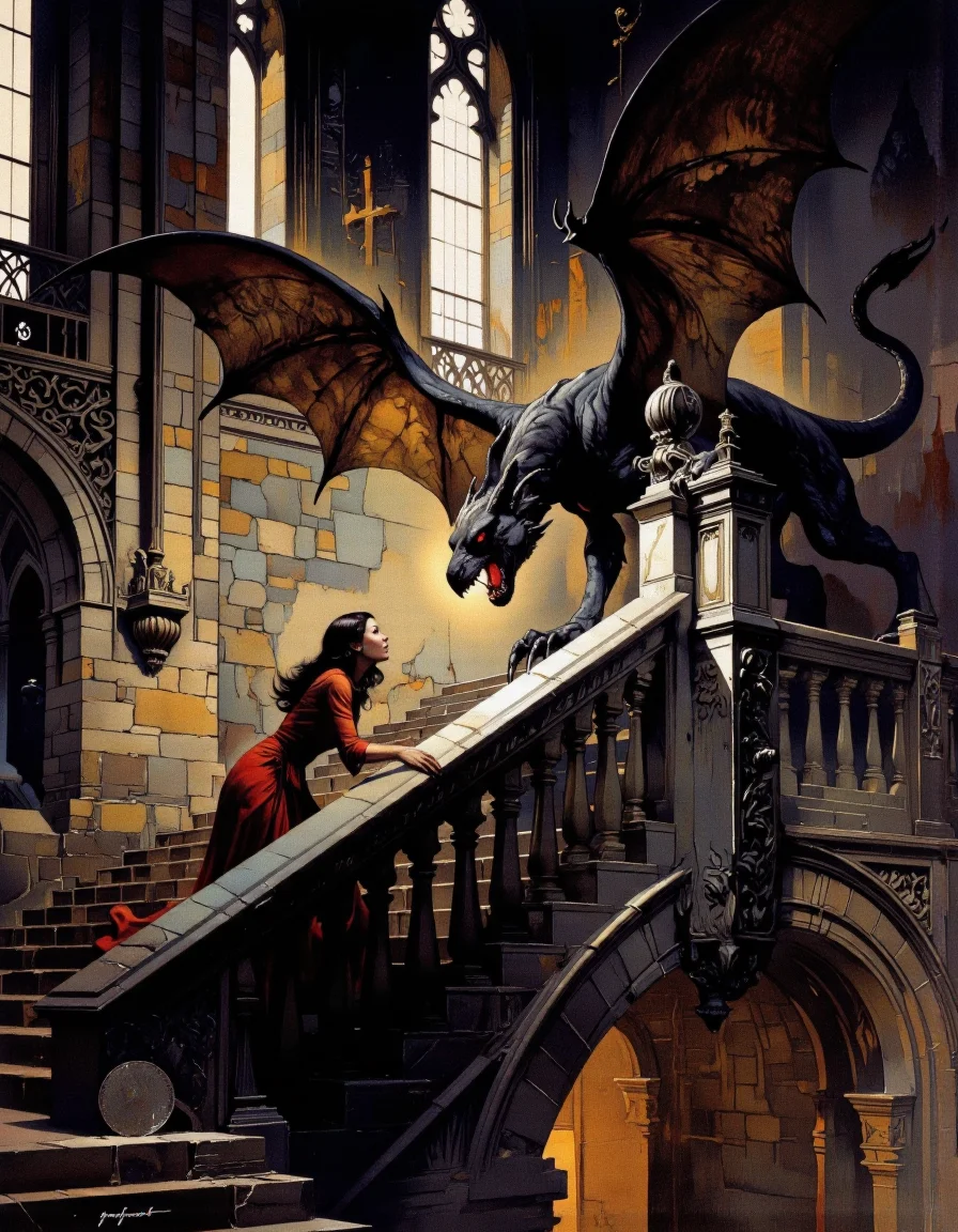 Art by Frank Frazetta. A dark fantasy illustration from a side camera angle, depicting a dramatic scene of a demon and a dragon in a gothic cathedral. the scene is set in a dimly lit, stone-walled cathedral with arched windows and intricate carvings. on the left side of the image, a woman with long black hair, wearing a red dress, appears to be in a state of distress, with her mouth open and eyes wide. she is kneeling on the stone stairs, facing the dragon with a menacing expression. the dragon, with its wings spread wide, has sharp claws and glowing red eyes, standing on the stairs with its tail raised. the background is filled with shadows and light from the windows, adding to the dramatic atmosphere of the scene. the woman's expression is one of fear, while the dragon's body language conveys a sense of aggression. the artwork is signed "gargoyle" in the bottom right corner, adding a personal touch to the image.