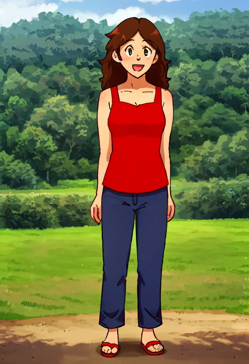 score_9,score_8_up,score_7_up,score_6_up,source_anime BREAK 1girl,(solo:1.2),amandadesanta, <lora:AmandaDeSantaPony:0.92>,standing,arms at sides,happy,:d,outdoors,mansion porch,hills,pants,brown hair,long hair,hair down,tank top,sandals,full body,straight on, <lora:Pony_Diffusion_XL_Team_Yell_Grunt_artist_style_-_MY_Art_Style:1>