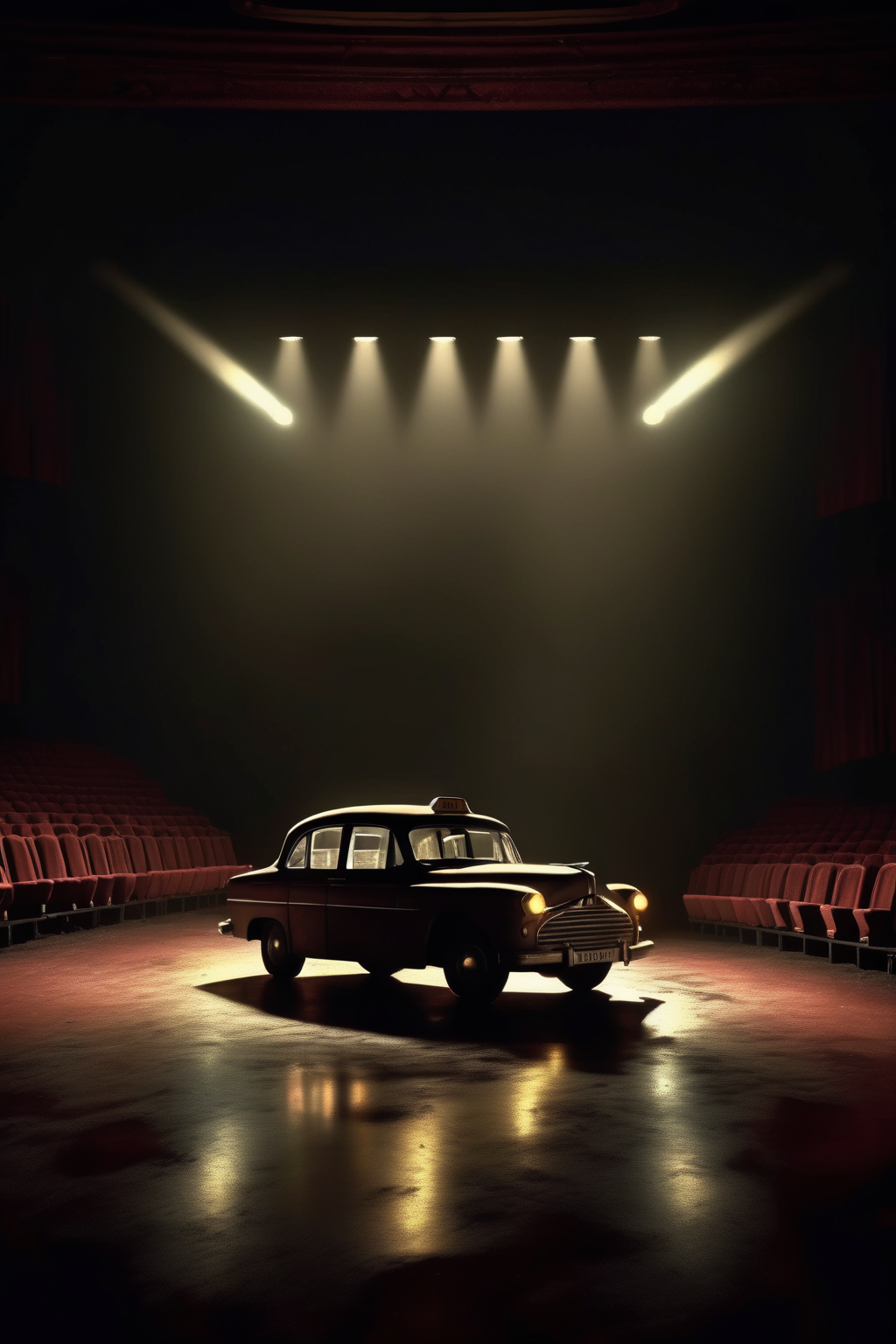 <lora:Roger Deakins Style:1>Roger Deakins Style - an empty theater stage, on the stage there is a taxi driver with his passenger in the back seat, there is no taxi, only elements of the interior of the vehicle photorealsitic, the scene is dark the spotlights illuminate the center of the scene
