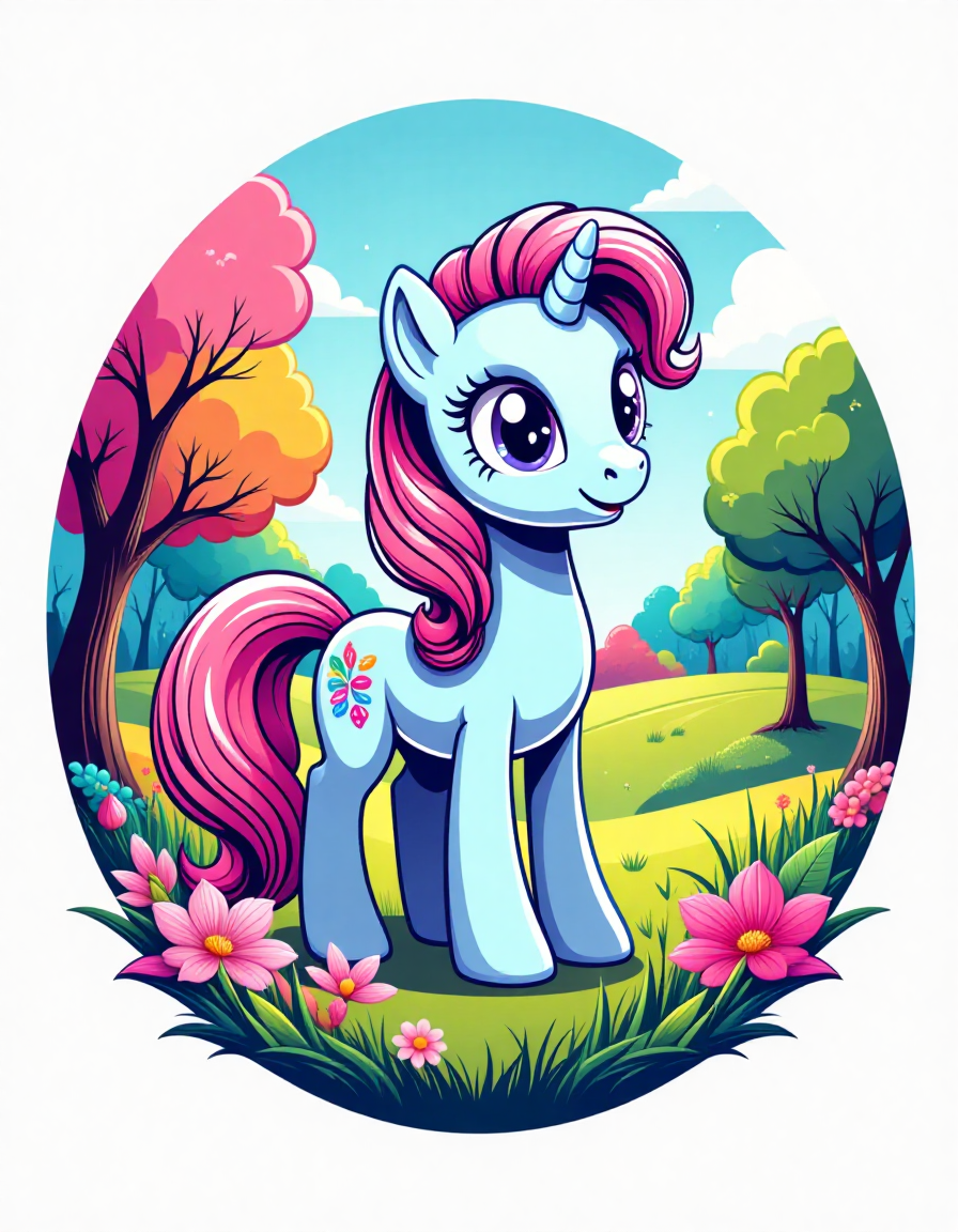 circular tshirt design, my little pony, a park in the background. the style of 5h1rt