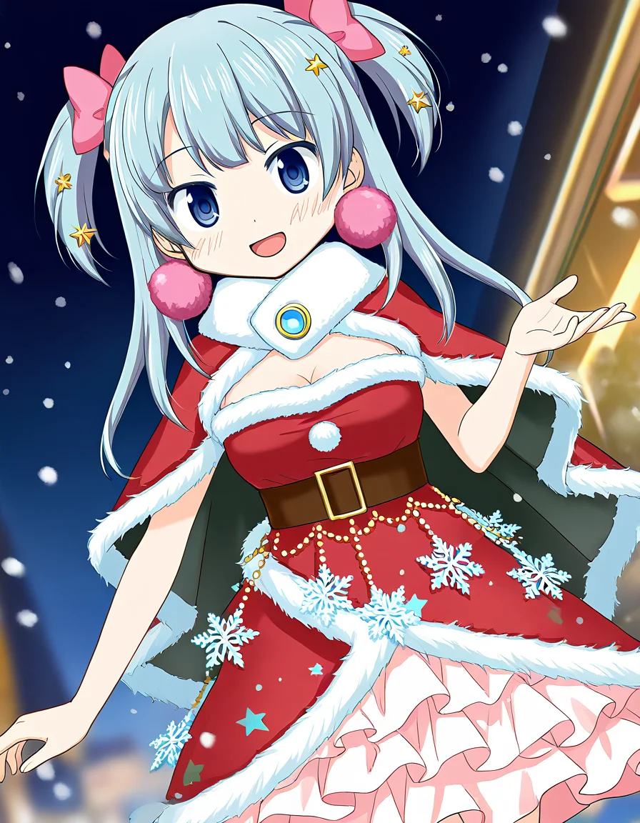 masterpiece, best quality, newest, absurdres, highres, safe, 1girl, minami rena \(christmas costume\), magia record: mahou shoujo madoka magica gaiden, bare hands, smile, open mouth, solo, snowing, night, outdoors, dutch angle, <lora:minami_rena_noobaiXLNAIXL_vPred10Version:0.7>