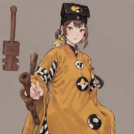 A woman wearing traditional Chinese attire stands in front of a grey background, with his arms crossed. He is dressed in a yellow robe that has black stripes on the sleeve edges, and adorned with a circular symbol under the right arm. The symbol consists of a black circle with two lines through it beneath a yellow circle. On his head, he wears a black and white striped hat. In his right hand, he holds a brown wooden sword with intricate carvings, with the handle of the sword resting against his right shoulder and the tip pointing upwards. The overall appearance of the woman exudes an air of confidence. <lora:dosifuku:0.85>, <lora:ukiyoe:0.8> ukiyoe