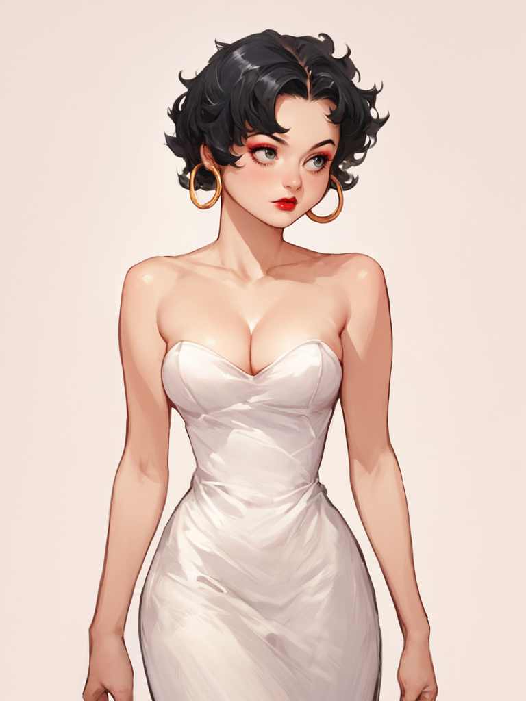 score_7_up, score_8_up, score_9, masterpiece, (perfect hands,:1.2) perfect face, high quality, source_anime, (1girl, solo,) <lora:Betty_Boop_-_Talkartoon:1> bettyboop, black hair, short hair, hoop earrings, dress, strapless, lipstick, makeup, cleavage, cowboy shot,