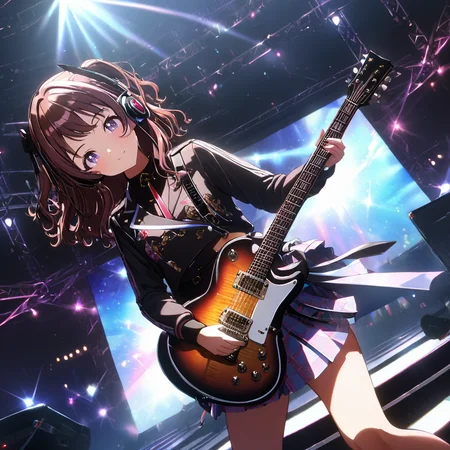 1girl, ((cinematic light)), ultra-detailed,colorful, hyper detail, dramatic light, intricate details, best quality, (detailed background:1.4), (hyper detail,beautiful detailed face, beautiful detailed eyes), high contrast, (best illumination, an extremely delicate and beautiful),(girl:1.5), solo, electric guitar, guitar, headphones, holding, holding plectrum, instrument,music, one side up,shiny skin, girl playing an electric guitar,singing with a guitar on stage,stage lights,masterpiece, pleated skirt,miniskirt plaid skirt ,black Over the Knee, indoors ((caustic)), dynamic angle,beautiful detailed glow, one side up,solo focus, Gakuen Idolmaster,Hanami Saki, <lora:saki.pony:1>
