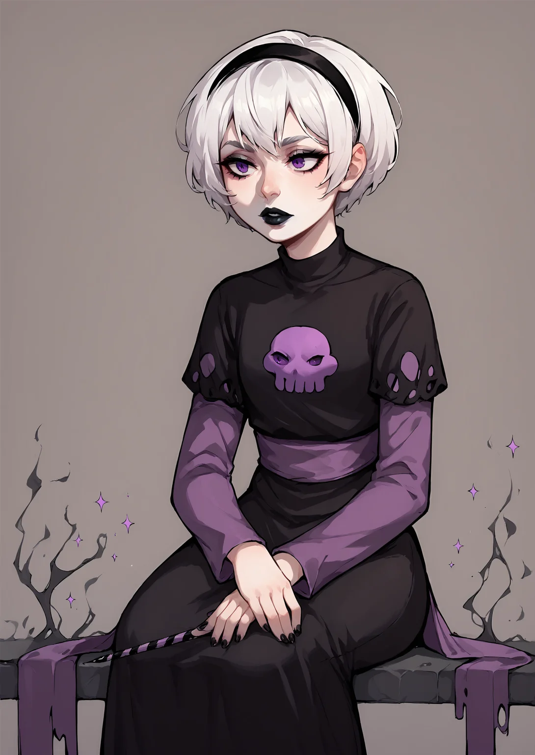 core_9, score_8_up, score_7_up, score_6_up, score_5_up, score_4_up, 1girl, white hair, black hairband, black lips, purple eyes, shirt print, <lora:Rose_Lalonde_-_outfits:0.8>, rosedress, shirt print, 1girl, solo, short hair, dress, sitting, white hair, hairband, nail polish, black dress, makeup, colored skin, lipstick, black nails, skull, wand, black lips, long sleeves, purple sleeves, BREAK source_anime