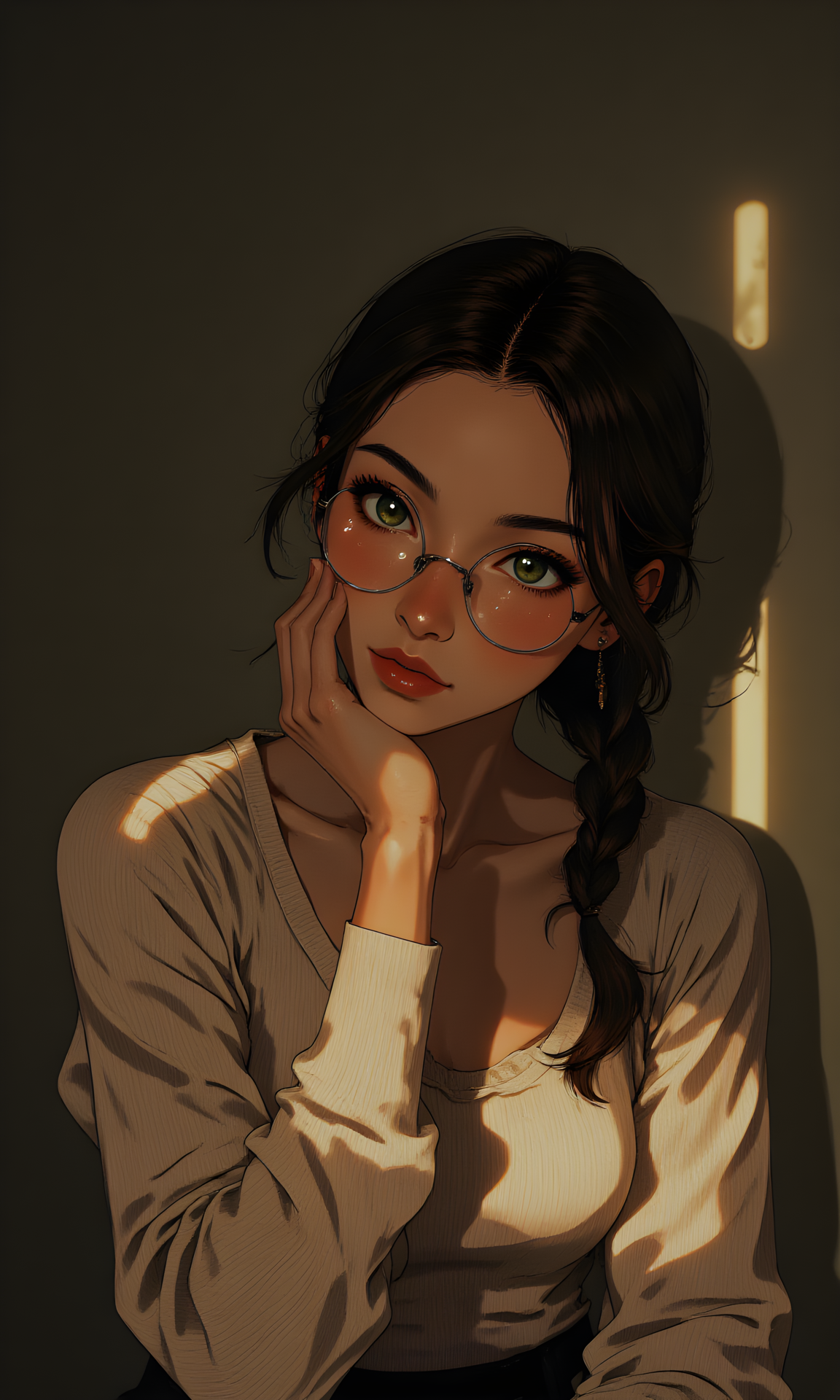 The setting is a softly lit, minimalist space that draws all attention to the subject. The background is a deep, neutral tone, creating a clean and uncluttered atmosphere that enhances the details of her appearance. Her long, dark hair is styled in a neat braid that cascades down her shoulder, adding a touch of elegance and structure to her look. She wears round glasses with thin frames, their reflective lenses catching the light subtly as they frame her striking green eyes.
Her expression is calm yet thoughtful, her gaze directed slightly upward, suggesting a moment of quiet contemplation or perhaps observation. One hand rests gently against her cheek, while the other hangs naturally by her side, emphasizing her relaxed posture. Her attire is simple yet stylishâa soft, textured top that clings to her form, accentuating her silhouette with gentle folds and curves. The fabric appears smooth and comfortable, adding layers of texture and depth to the composition.
The overall mood is one of quiet confidence and introspection. The interplay of light and shadow creates depth, highlighting the contours of her face and the texture of her clothing. It is a portrait that feels both timeless and intimate, capturing a fleeting instant of beauty and poise amidst a serene environment., <lora:FLUX\jul\J_Anime:0.7>, <lora:FLUX\RealAnime:0.7>