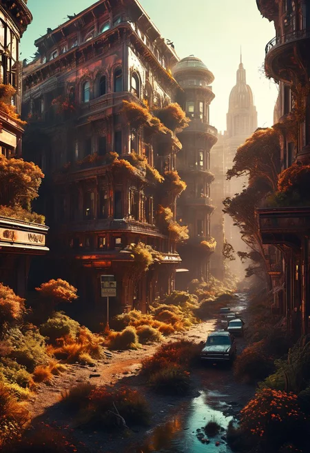 Stunning sci-fi fantasy landscape of post apocalyptic San Francisco replete with flora. Wonderous and full of enchanting mysteries. Hyperrealistic, sharp focus, mixed media, dramatic lighting, ultra-detailed, ray-traced, award-winning, light leaks, high contrast, warm colors, color graded, zavy-rmlght, chiaroscuro, fluorescence, artialien