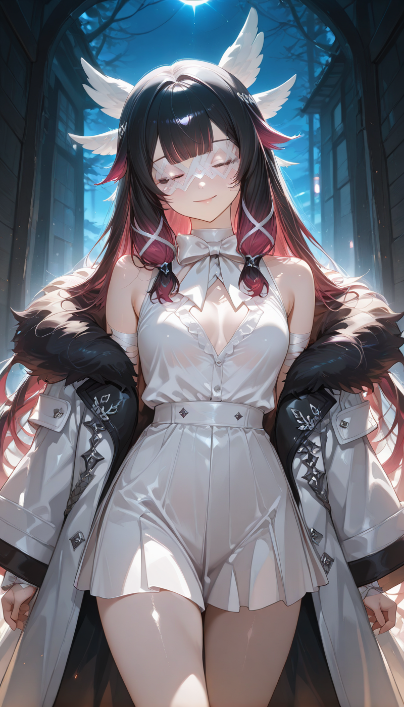 <lora:LCMTurboMix_Euler_A_fix:1> <lora:example_SDXL:0.3>, EZRealPONYXL, <lora:Dramatic Lighting Slider:3>
DSLR,realistic,cosplay photo, (very awa,masterpiece,best quality,year 2024,newest,absurdres,highres:1), realistic,skin texture,facial features, photography shot with Canon EOS 5D Mark IV , realistic, RAW, best quality, masterpiece, amazing quality, skin details,
1girl, highly detailed beautiful face, large natural breasts,
detailed background, shiny skin, dutch angle, night, moonlight,
beautiful detailed eyes, intricate details, absurdres, anime screencap,
 <lora:Columbina_Genshin_ILXL_kill0825:1>
GSColumbina, long hair, breasts, black hair, hair ornament, medium breasts, closed eyes, pink hair, purple hair, multicolored hair, sidelocks, red hair, small breasts, wings,  blunt bangs, two-tone hair, streaked hair, gradient hair, x hair ornament, head wings, tress ribbon, wing hair ornament, eye mask, white mask, hair ribbon, white ribbon, hair flaps, very long hair, 
long sleeves, bow, ribbon, bare shoulders, jacket, sleeveless, bowtie, off shoulder, coat, fur trim, white bow, white coat, fur-trimmed coat, white bowtie, shirt, sleeveless shirt, armpit crease, wrist bow, coat on shoulders, aiguillette, pleated skirt, bare legs, bandages, white shirt, white skirt, open coat, long coat, two-tone coat, wide sleeves, black fur trim, overfit coat,
cowboy shot, looking at viewer, smile, blush, dynamic pose,