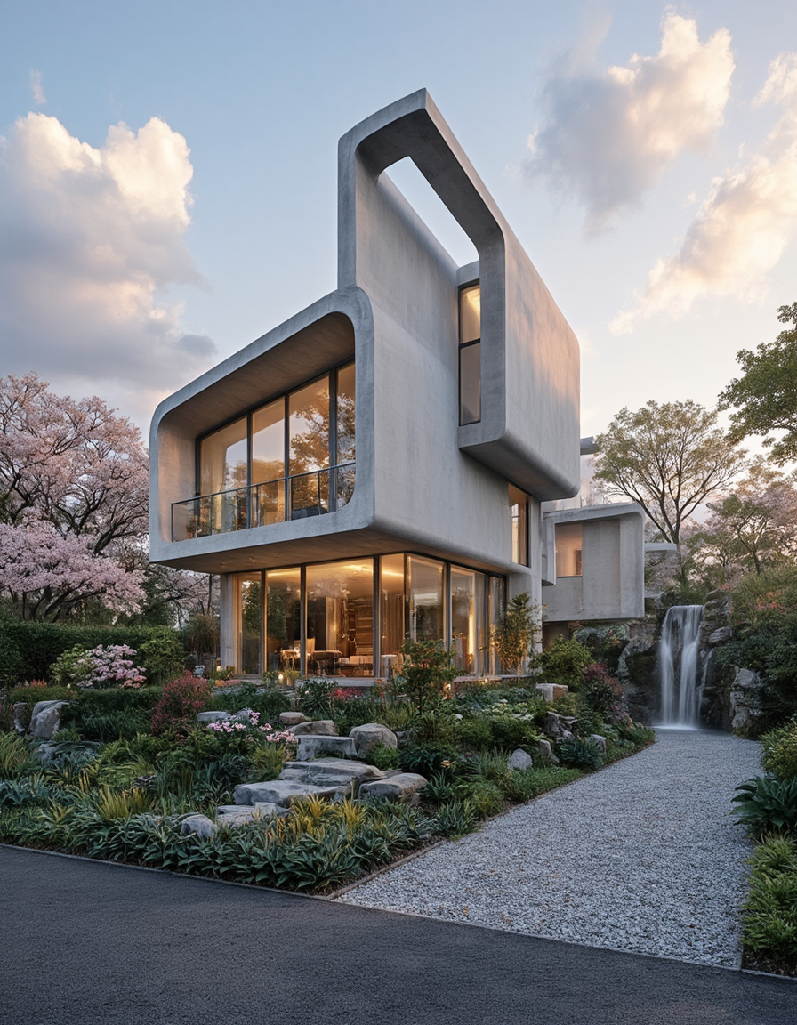 <lora:Home_R01fluxb:1> homer01, house, Modern architecture, sleek design, natural light, minimalistic style, angular shapes, reflective surfaces, industrial aesthetic, design contemporary design house, vegetation, garden, waterfall, outdoors, clouds, mist, sunset, flowers, cherry blossom, sea, beach, waves